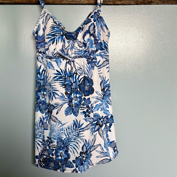 Swim Solutions—Bathing Suit Swim Dress, Empire Waist Blue/White Floral, Size 12 - Picture 1 of 6